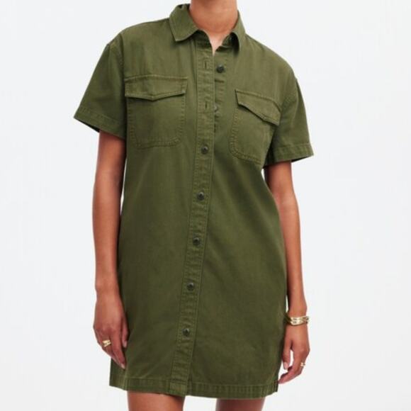 Madewell Oversized Mini Shirtdress Army Green Button Down Dress Cotton Medium - Picture 1 of 9
